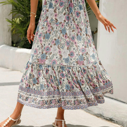 Women's Floral Midi Skirts Elastic High Waist A-Line Ruffle Swing Skirts
