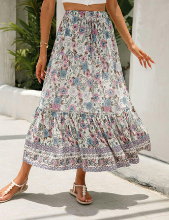 Women's Floral Midi Skirts Elastic High Waist A-Line Ruffle Swing Skirts