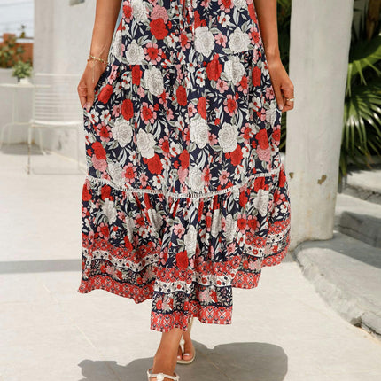 Women's Floral Midi Skirts Elastic High Waist A-Line Ruffle Swing Skirts