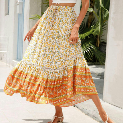 Women's Floral Midi Skirts Elastic High Waist A-Line Ruffle Swing Skirts