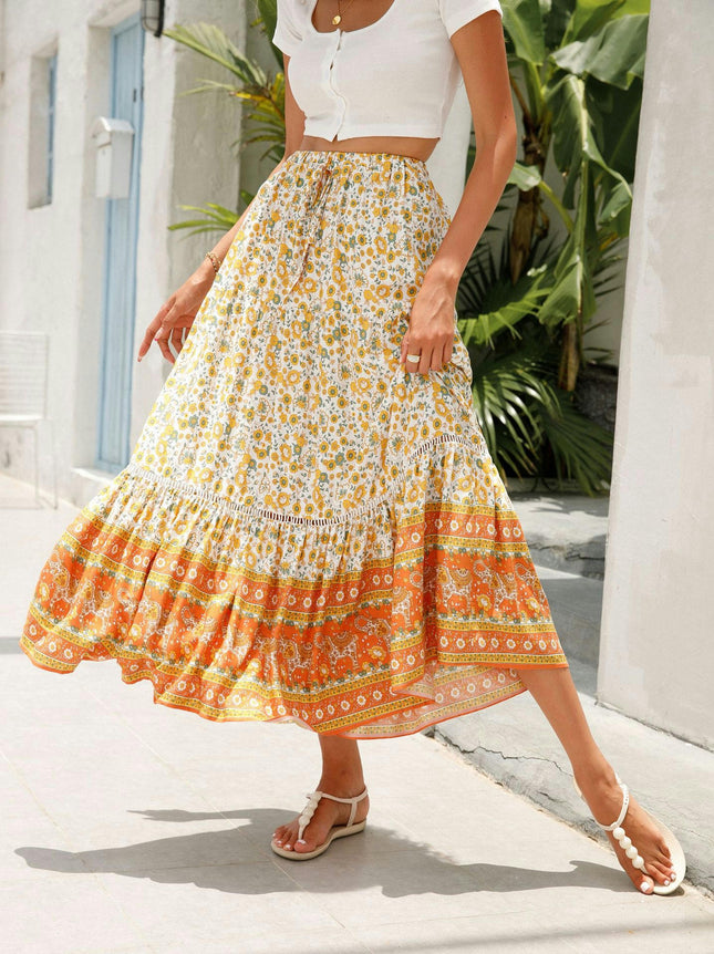Women's Floral Midi Skirts Elastic High Waist A-Line Ruffle Swing Skirts