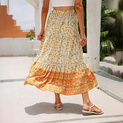 Women's Floral Midi Skirts Elastic High Waist A-Line Ruffle Swing Skirts