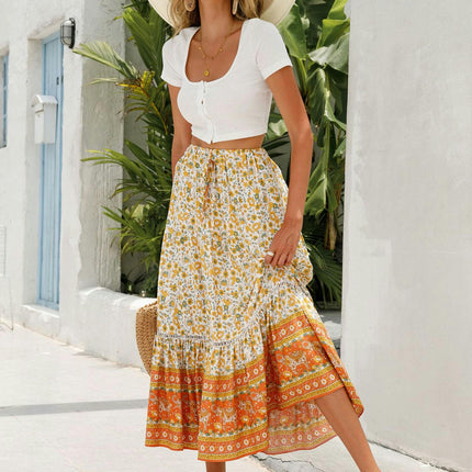 Women's Floral Midi Skirts Elastic High Waist A-Line Ruffle Swing Skirts
