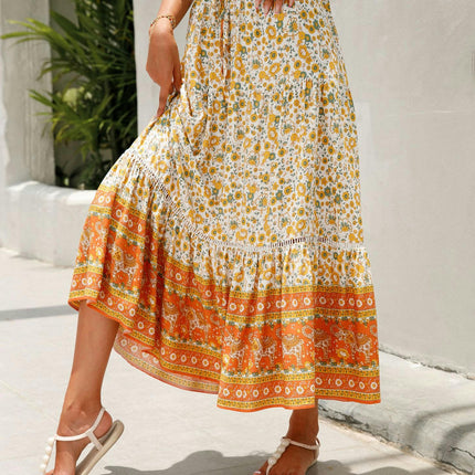 Women's Floral Midi Skirts Elastic High Waist A-Line Ruffle Swing Skirts