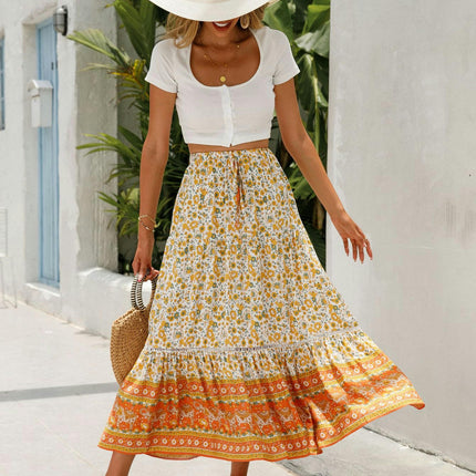 Women's Floral Midi Skirts Elastic High Waist A-Line Ruffle Swing Skirts