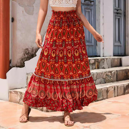 Women's Summer Floral Skirt High Waist Flowy A Line Boho Ruffle Maxi Skirt
