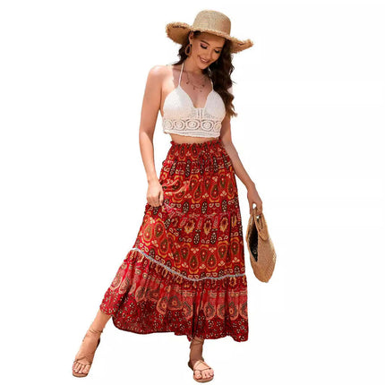 Women's Summer Floral Skirt High Waist Flowy A Line Boho Ruffle Maxi Skirt