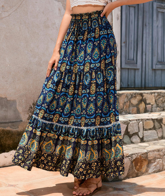 Women's Summer Floral Skirt High Waist Flowy A Line Boho Ruffle Maxi Skirt