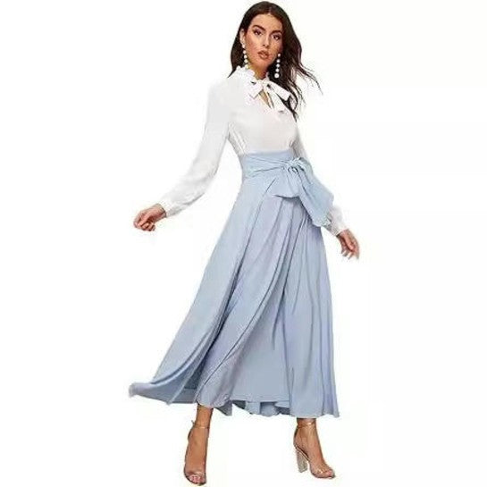 Women's Elegant High Waist Long Skirt Tie Front Pleated Maxi Skirts