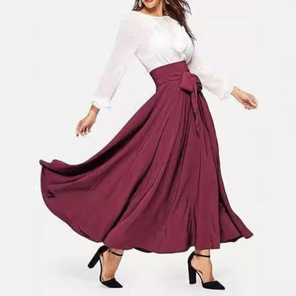 Women's Elegant High Waist Long Skirt Tie Front Pleated Maxi Skirts
