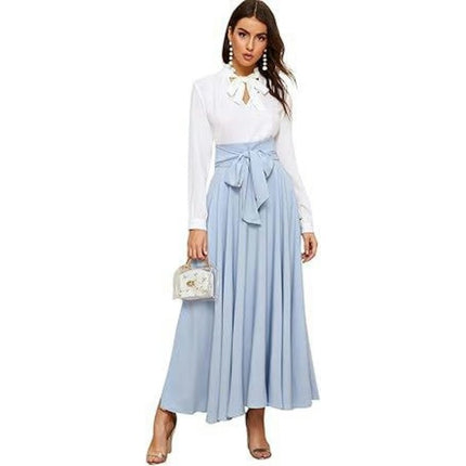 Women's Elegant High Waist Long Skirt Tie Front Pleated Maxi Skirts