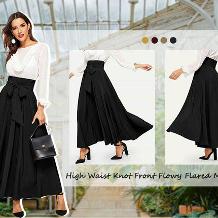 Women's Elegant High Waist Long Skirt Tie Front Pleated Maxi Skirts
