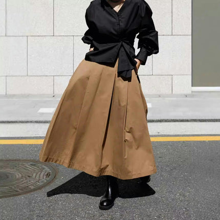 Pleated Midi Skirts for Women High Waisted Loose Casual Skirt with Pockets