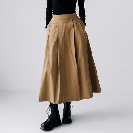 Pleated Midi Skirts for Women High Waisted Loose Casual Skirt with Pockets
