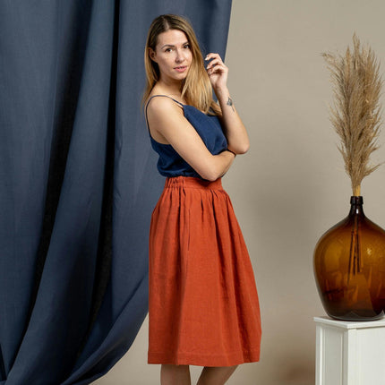Women's Flowy Skirt Midi Length High Waist A-Line Skirt with Pockets