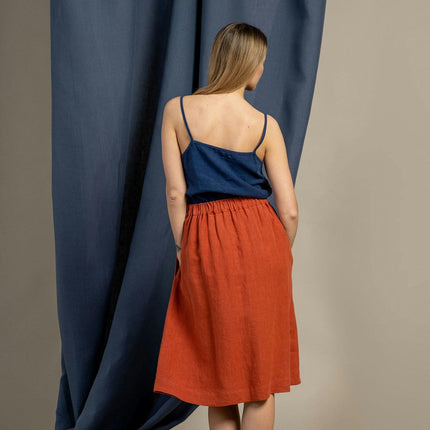 Women's Flowy Skirt Midi Length High Waist A-Line Skirt with Pockets