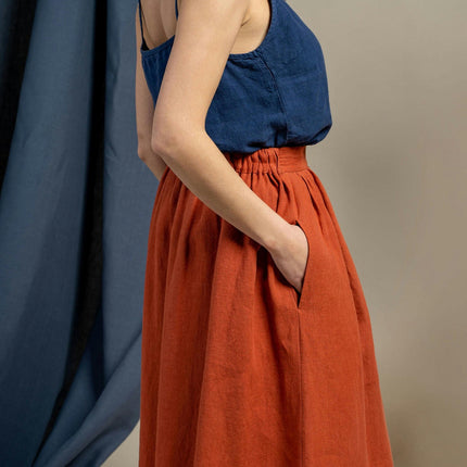 Women's Flowy Skirt Midi Length High Waist A-Line Skirt with Pockets