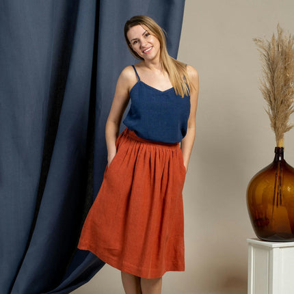 Women's Flowy Skirt Midi Length High Waist A-Line Skirt with Pockets