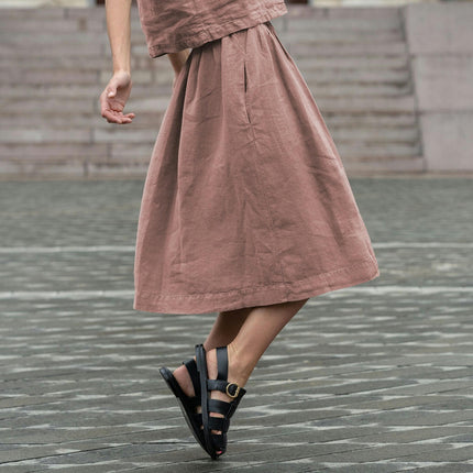 Women's Flowy Skirt Midi Length High Waist A-Line Skirt with Pockets