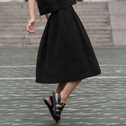 Women's Flowy Skirt Midi Length High Waist A-Line Skirt with Pockets