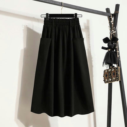 Womens Elastic High Waisted A Line Midi Skirt Loose Casual Skirts with Pocket