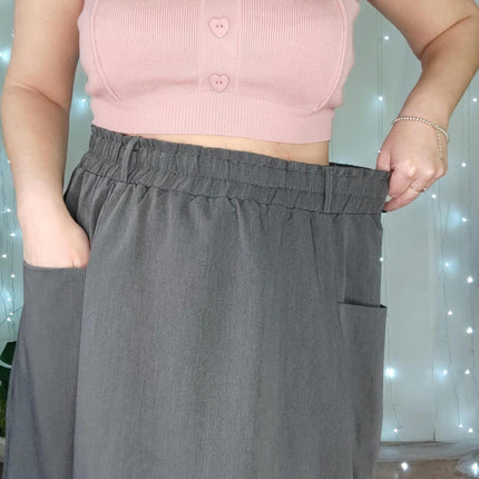 Womens Elastic High Waisted A Line Midi Skirt Loose Casual Skirts with Pocket