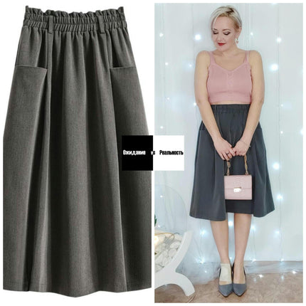 Womens Elastic High Waisted A Line Midi Skirt Loose Casual Skirts with Pocket