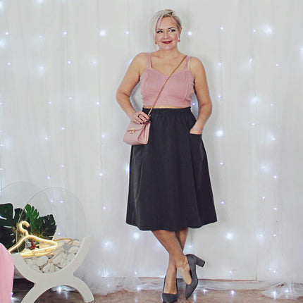 Womens Elastic High Waisted A Line Midi Skirt Loose Casual Skirts with Pocket