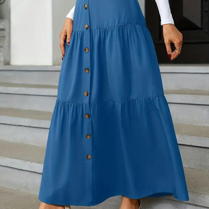 Women's Boho High Waist Button A-Line Flowy Swing Tiered Maxi Long Skirt