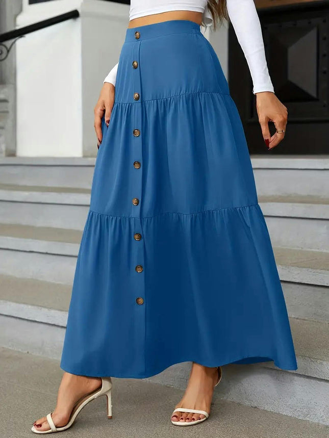 Women's Boho High Waist Button A-Line Flowy Swing Tiered Maxi Long Skirt