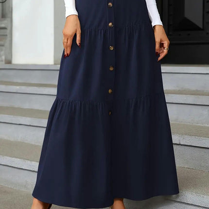 Women's Boho High Waist Button A-Line Flowy Swing Tiered Maxi Long Skirt