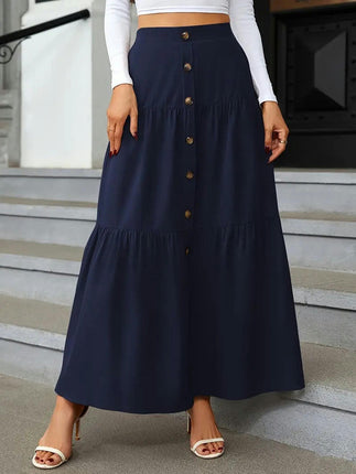 Women's Boho High Waist Button A-Line Flowy Swing Tiered Maxi Long Skirt