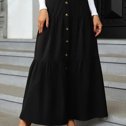 Women's Boho High Waist Button A-Line Flowy Swing Tiered Maxi Long Skirt