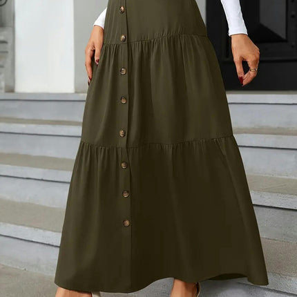 Women's Boho High Waist Button A-Line Flowy Swing Tiered Maxi Long Skirt