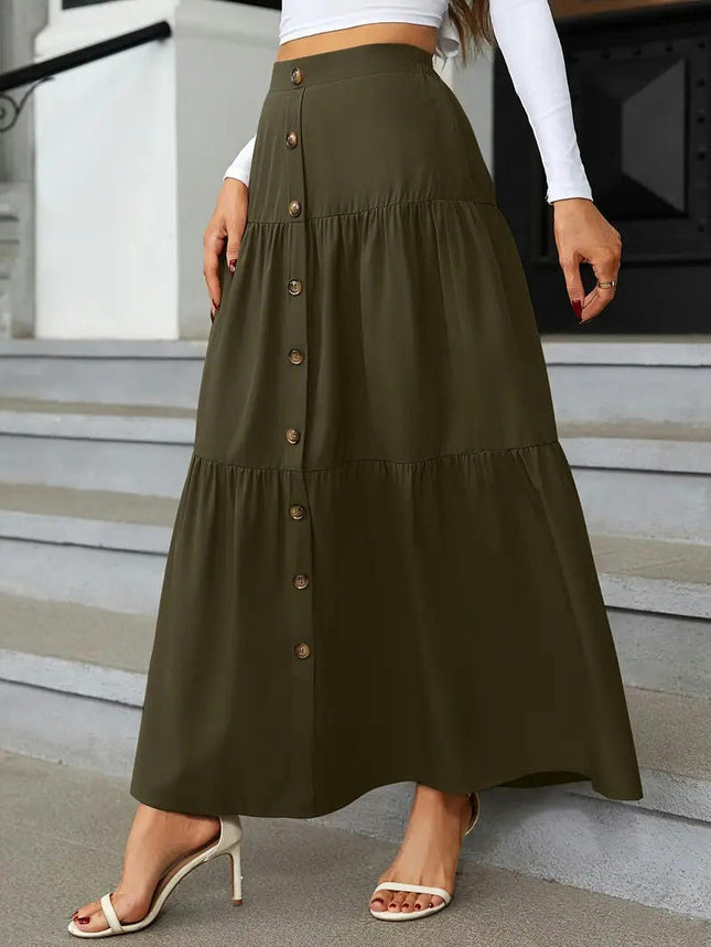 Women's Boho High Waist Button A-Line Flowy Swing Tiered Maxi Long Skirt