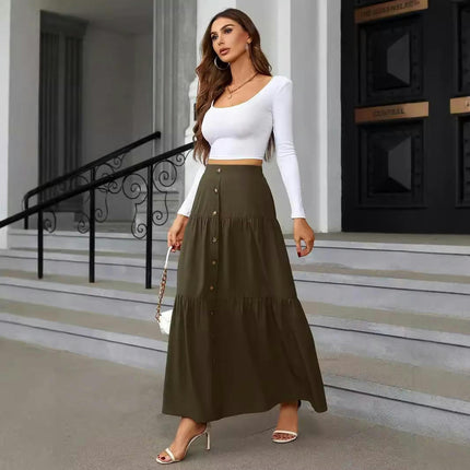 Women's Boho High Waist Button A-Line Flowy Swing Tiered Maxi Long Skirt