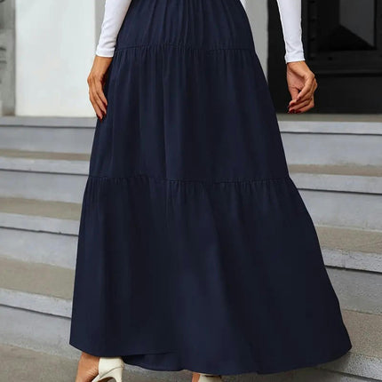 Women's Boho High Waist Button A-Line Flowy Swing Tiered Maxi Long Skirt