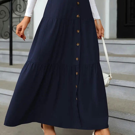 Women's Boho High Waist Button A-Line Flowy Swing Tiered Maxi Long Skirt