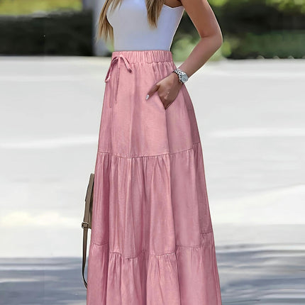 Women Boho Elastic Waist A Line Ruffle Maxi Skirt Tired Beach Skirts