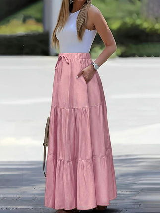 Women Boho Elastic Waist A Line Ruffle Maxi Skirt Tired Beach Skirts