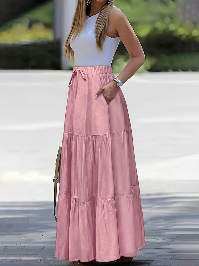 Women Boho Elastic Waist A Line Ruffle Maxi Skirt Tired Beach Skirts