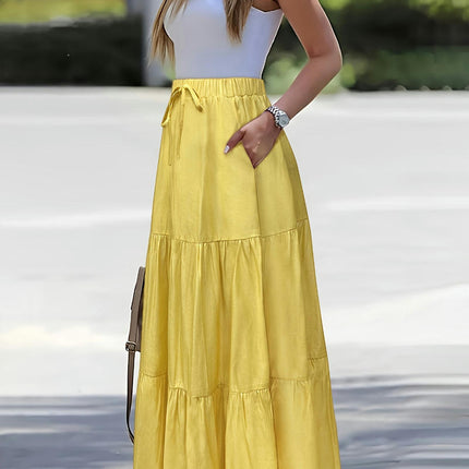 Women Boho Elastic Waist A Line Ruffle Maxi Skirt Tired Beach Skirts