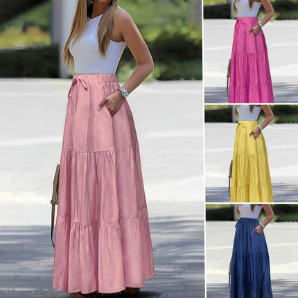 Women Boho Elastic Waist A Line Ruffle Maxi Skirt Tired Beach Skirts