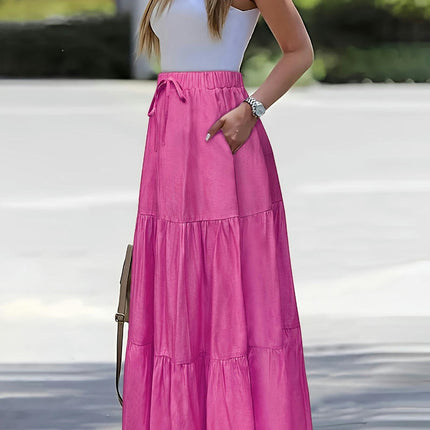 Women Boho Elastic Waist A Line Ruffle Maxi Skirt Tired Beach Skirts