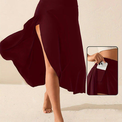 Women High Waist Wrap Skirt Flowy Summer Maxi Skirt with Slit Ruffle High Low Skirt with Shorts