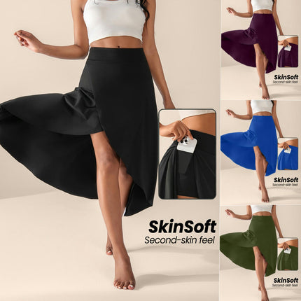 Women High Waist Wrap Skirt Flowy Summer Maxi Skirt with Slit Ruffle High Low Skirt with Shorts