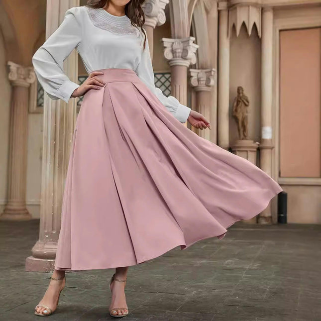 Women's High Waist Pleated Maxi Skirt A-line Flowy Swing Long Skirt