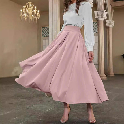 Women's High Waist Pleated Maxi Skirt A-line Flowy Swing Long Skirt