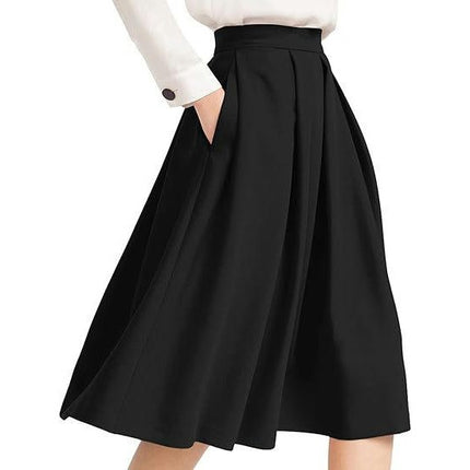Women's High Waist Flared Skirt Pleated Casual Midi Skirt with Pockets