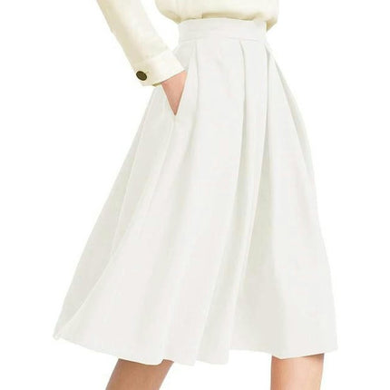 Women's High Waist Flared Skirt Pleated Casual Midi Skirt with Pockets